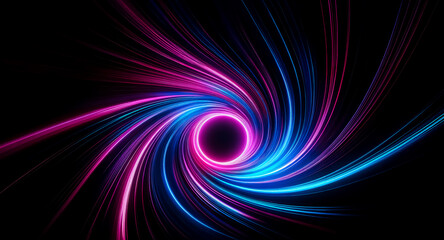 Vibrant pink and blue light streaks spiral inward on a dark backdrop, creating a dynamic and futuristic abstract design with a central glowing circle.
