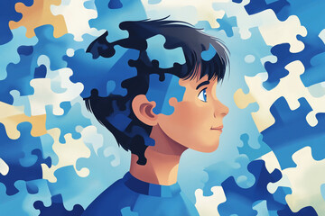Illustration of a Boy Representing World Autism Awareness Day or Month. Concept of Autism Spectrum Disorder (ASD) and Child Mental Health Awareness.