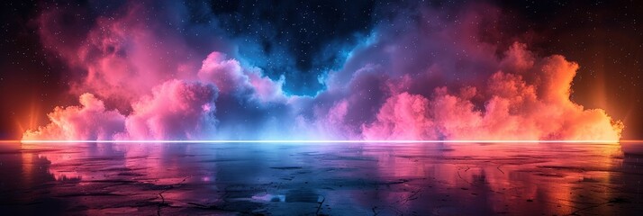 Neon Cloudscape Horizon - Dreamlike, vibrant, ethereal, reflective, tranquil. Symbolizing fantasy, serenity, imagination, mystery, and hope