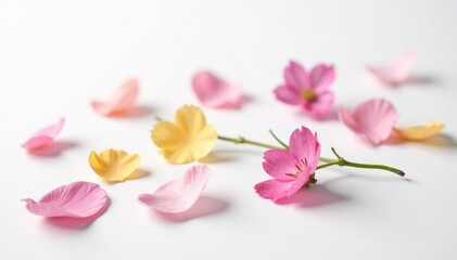 Fototapeta premium Delicate flower petals scattered around a single plant stem on white background, floral, simple