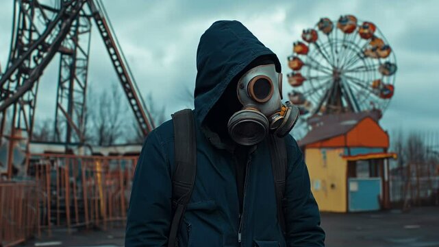 A Haunting Atmosphere Captured at an Abandoned Amusement Park Featuring a Mysterious Gas Masked Figure