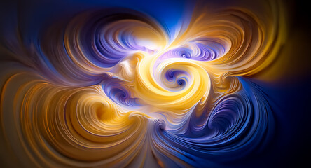 Fototapeta premium Abstract digital art featuring swirling colors of yellow, orange, purple, and blue. Fluid, dynamic, and vibrant composition with a central bright glow.