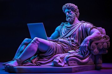 The Futuristic Greek God: A Gypsum Statue with a Laptop Represents Modern Society