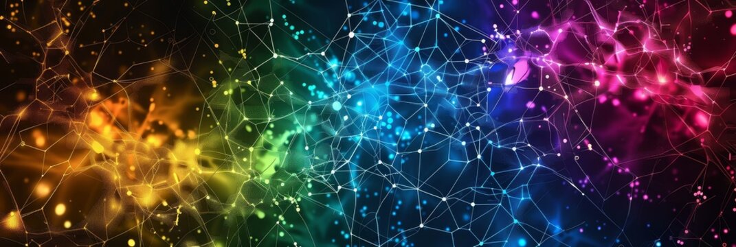 Rainbow Network Connections - Abstract of vibrant rainbow colored network connections and nodes. Perfect for technology, connectivity, or concepts