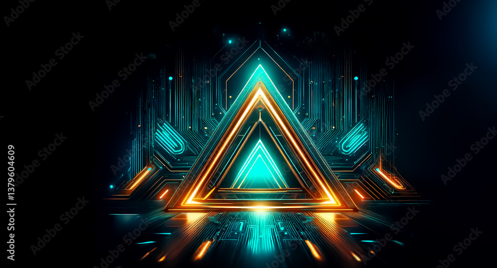 Poster glowing triangle with blue and orange outlines, set against a dark background with intricate circuit
