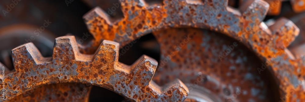 Poster rusty gears interlocking machine parts - of rusty gears, symbolizing industry, time, mechanics, deca