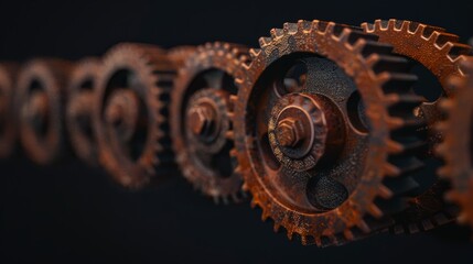 Rusty Gears Interlocking Sequence - Close-up of rusty metal gears interlocked, showing texture and detail. Industrial machinery concept