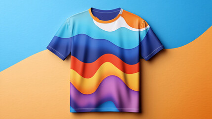 vibrant and colorful t shirt design featuring swirling waves in shades of blue, orange, purple, and yellow, perfect for trendy summer look