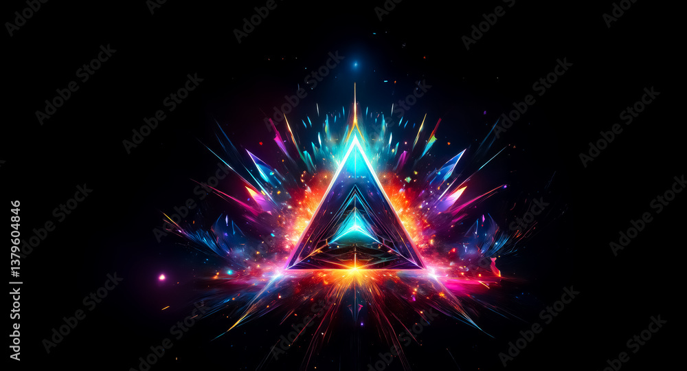 Poster vibrant triangle of light bursts forth in a dark space, radiating energy with sharp edges and glowin