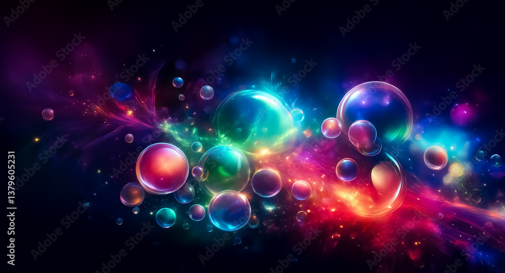 Poster a vibrant cluster of colorful orbs glow against a dark backdrop, illuminated by streaks of light. ab