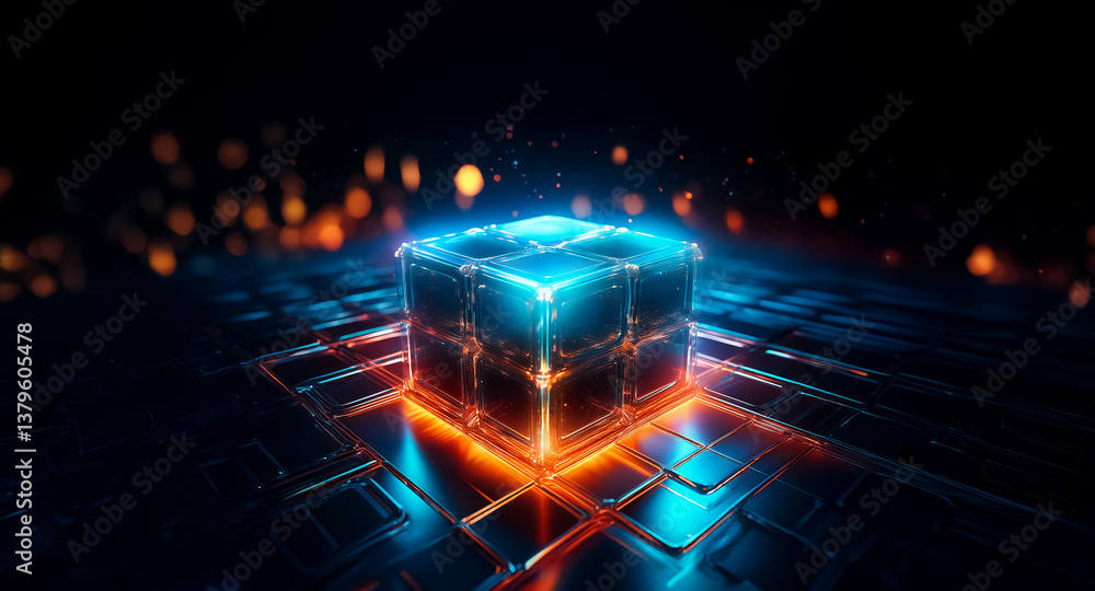Poster glowing cube with blue and orange light rests on a dark, tech-patterned surface. bokeh lights float 
