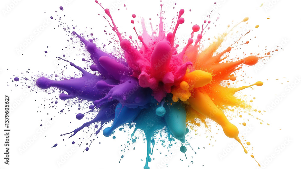 Poster vibrant explosion of colorful paint splatters radiates from a central point, creating an abstract an