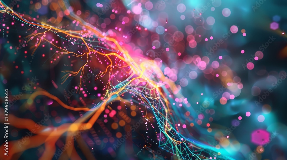 Poster vibrant neural network data flow - abstract brain data nodes, vibrant colors, network connections, i