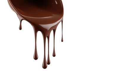 Obraz premium Sleek silver spoon dripping with rich, glossy melted chocolate, isolated on transparent background, perfect for dessert branding, confectionery advertising, or luxurious culinary visuals.