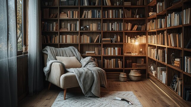 Cozy reading nook in a home library