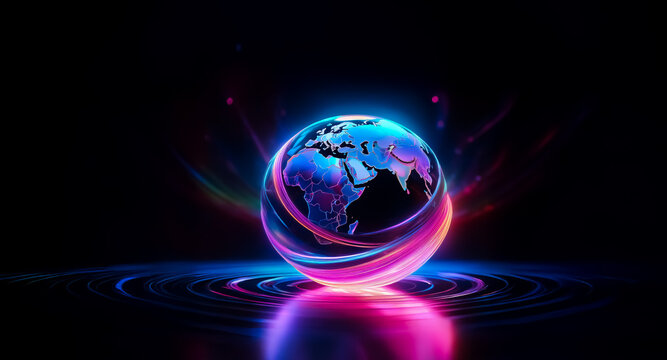 A vibrant, glowing globe illuminates the dark scene, surrounded by dynamic swirling light trails in blue, purple, and pink. Reflective surface below.