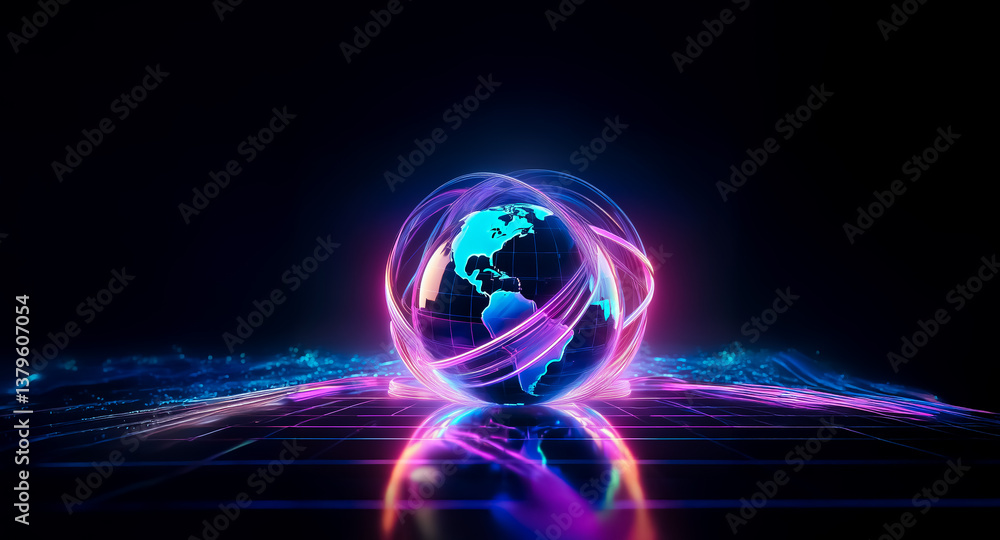 Poster a glowing globe is encircled by vibrant light streams, set against a dark backdrop with a reflective