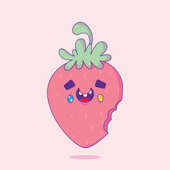 Cute bitten strawberry with a happy expression in a fun and playful style, perfect for fruit-themed designs