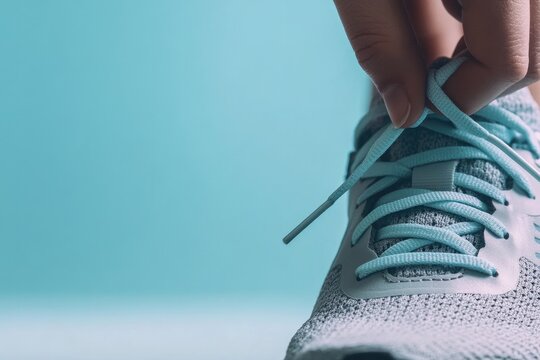 close-up of person tying shoelaces on running shoe on clean surface