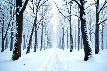 Obraz premium Snowy branches with bare trees isolated on white background, frozen, winter wonderland, forest