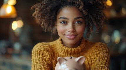 Smiling woman in yellow sweater holds a pink piggy bank, softly blurred background