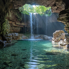 Naklejka premium Šupljara Cave – A hidden cave near the Lower Lakes, offering a unique view of the waterfalls 