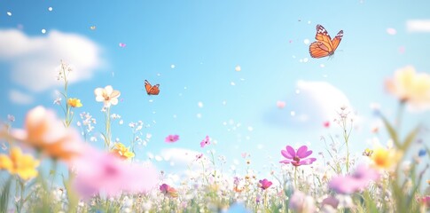 A vibrant field of colorful flowers under a blue sky, with butterflies fluttering through the scene, creating a cheerful and serene atmosphere.