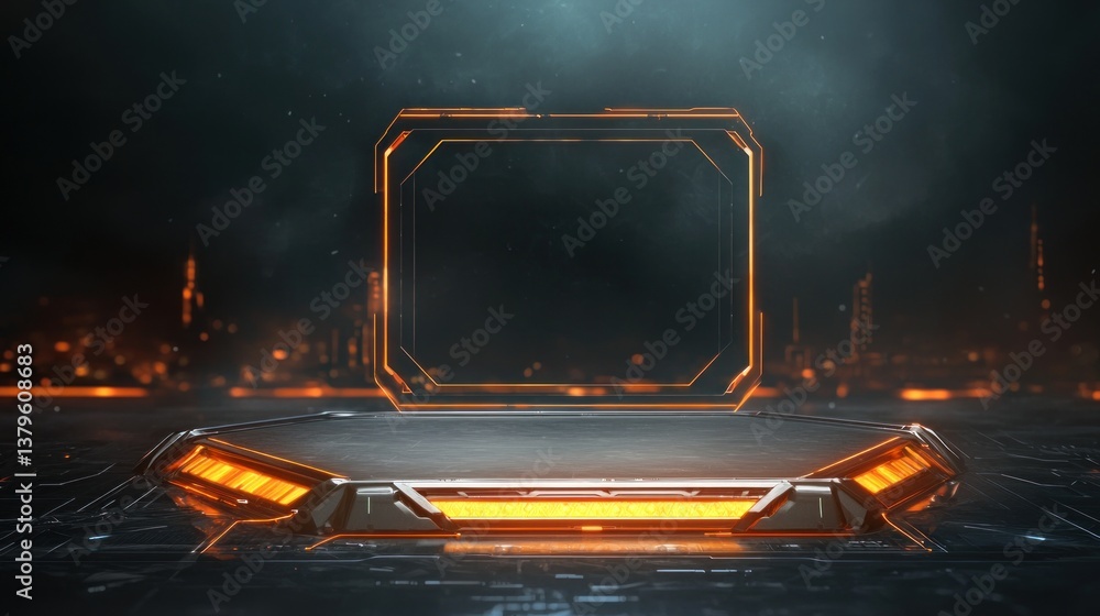 Poster dynamic futuristic stage design virtual event graphic display high-tech environment aerial view digi