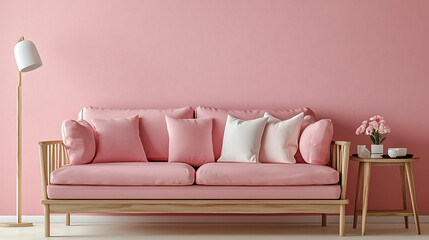 A pink couch with white pillows sits in front of a pink wall