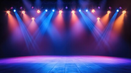 A stage lit up with concert lights and a crowd in the background