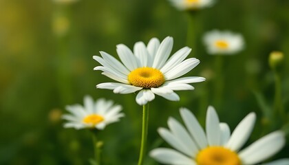 Fototapeta premium Daisy Flower Close-up in a Field of Green with Sunlight