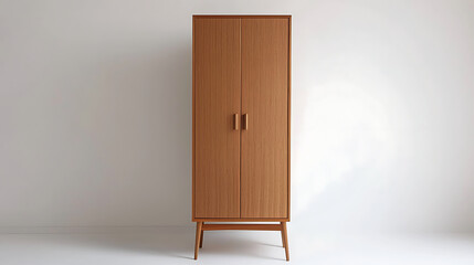 A wooden cabinet with two doors and a wooden base