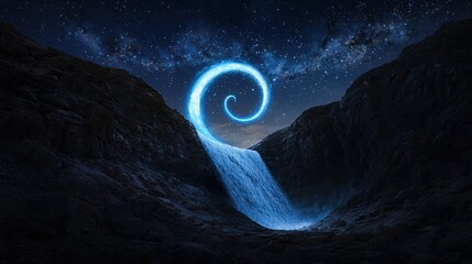 A glowing spiral waterfall descending from the moon, surrounded by constellations, shadows painting the rocks