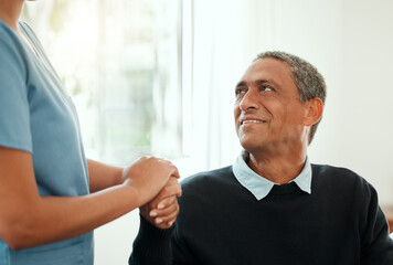 Caregiver, senior and man with hand holding for support in retirement home, kindness and trust for...