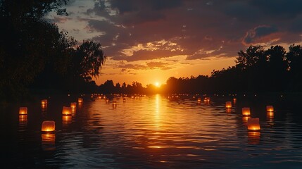 Floating lanterns gracefully reflect warm sunlight over a still water body