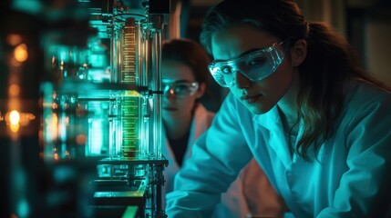 Two scientists in lab coats work with glowing equipment, focusing intently on their experiment in a high-tech laboratory setting.