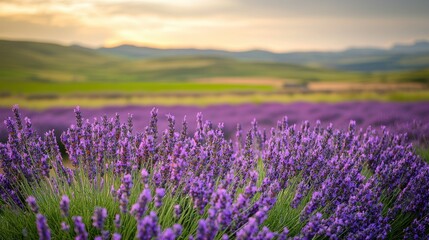 Obraz premium Lavender field at sunset, rolling hills