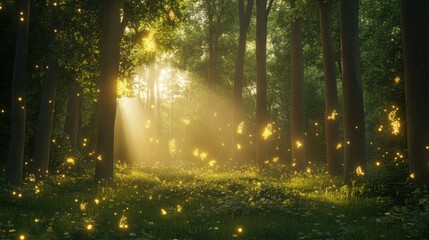 Obraz premium Magical sunrise in enchanted forest, fireflies glowing, peaceful nature scene, game background