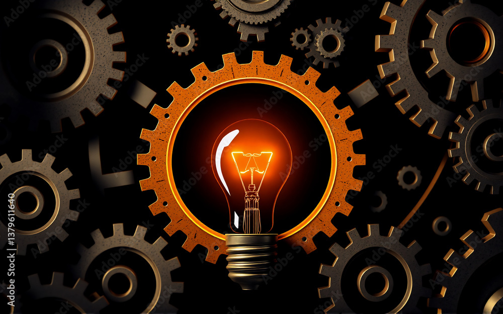 Poster illuminated lightbulb at center, encircled by gears, symbolizes idea generation and mechanical proce