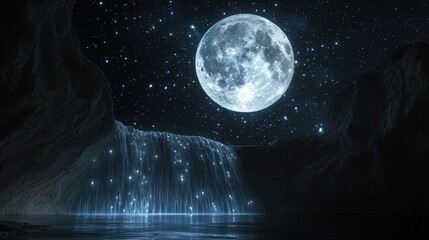 A lunar-inspired landscape with light beams as waterfalls, stars orbiting the flow, moon casting clarity