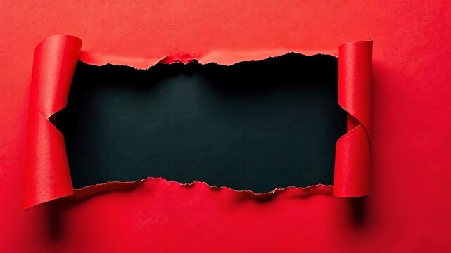 Bright red torn paper inside a black hole in a hole, copy space, zoom in