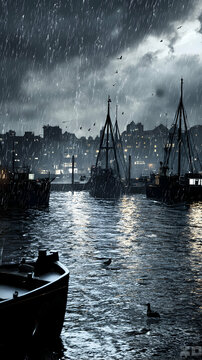 Fototapeta Night Harbor Scene with Snow and Rain