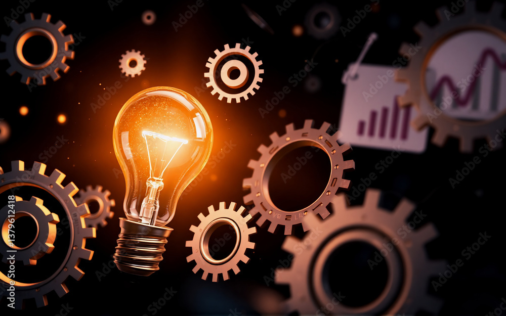 Poster bright light bulb illuminates gears, symbolizing innovation and mechanical processes. a chart in the