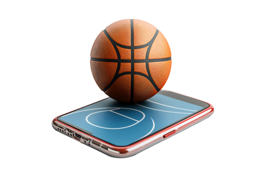 Basketball ball on a basketball court on mobile isolated on transparent background
