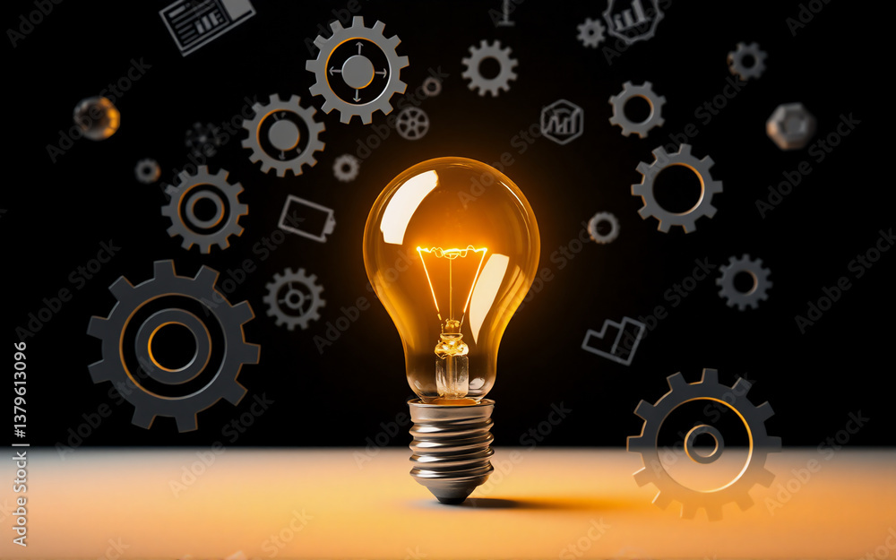 Aufkleber glowing light bulb amidst floating gears and chart icons on a dark background. represents idea gener