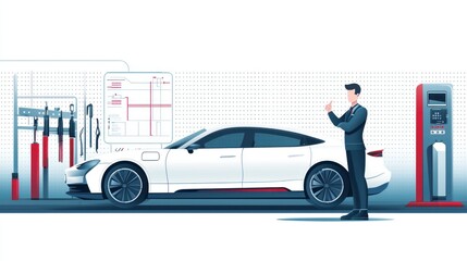 Electric vehicle maintenance tips automotive workshop infographic modern environment side view sustainability insights