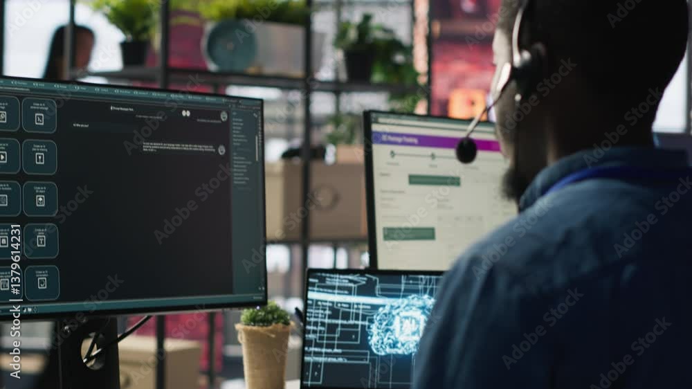 Poster customer center expert uses ai assistant to generate technical solutions for clients. call center ag
