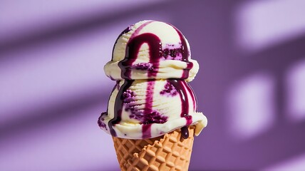 Blueberry Cheesecake Ice Cream with Swirls in Waffle Cone on Lavender Background – Creamy and Fruity Summer Dessert Digital Illustration