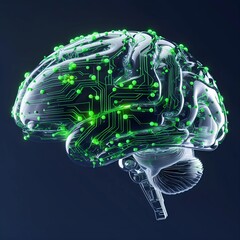 Cybernetic Intelligence Glowing Green Neural Web in Futuristic 3D Visualization