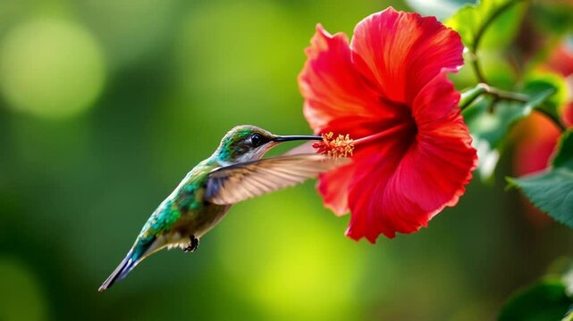 A hummingbird sips nectar from a vibrant hibiscus flower.